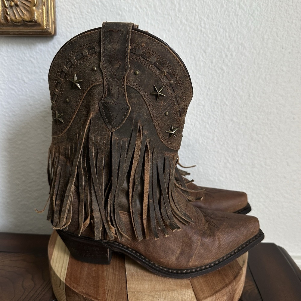 Dingo Western Ankle Boots Women's Size 6M Fringe Brown Leather Studded DI7441